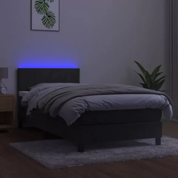 sötétszürke bársony rugós és LED-es ágy matraccal 80 x 200 cm