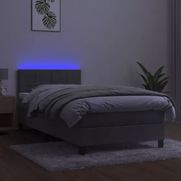 világosszürke bársony rugós és LED-es ágy matraccal 90x190 cm