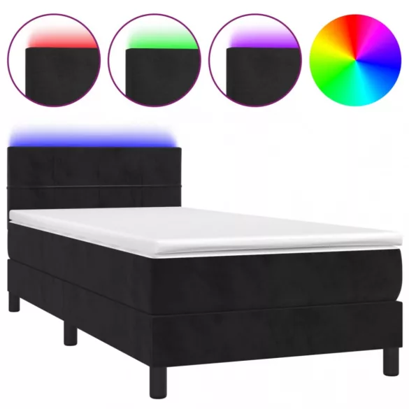 fekete bársony rugós és LED-es ágy matraccal 90x190 cm