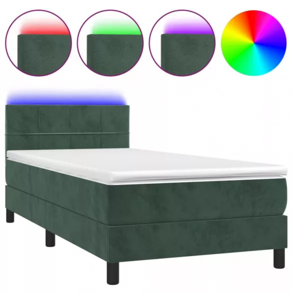 sötétzöld bársony rugós és LED-es ágy matraccal 90x200 cm