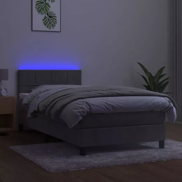 világosszürke bársony rugós és LED-es ágy matraccal 100x200 cm