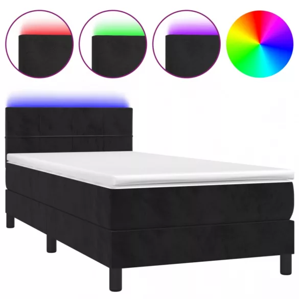 fekete bársony rugós és LED-es ágy matraccal 100x200 cm