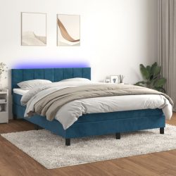   sötétkék bársony rugós és LED-es ágy matraccal 140x190 cm