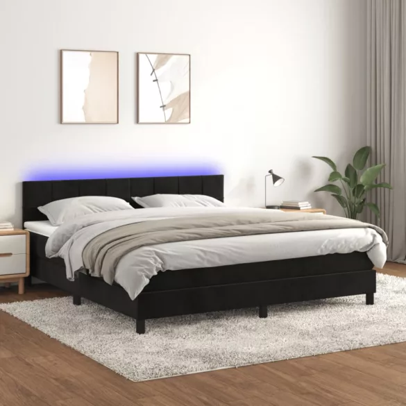 fekete bársony rugós és LED-es ágy matraccal 160x200 cm