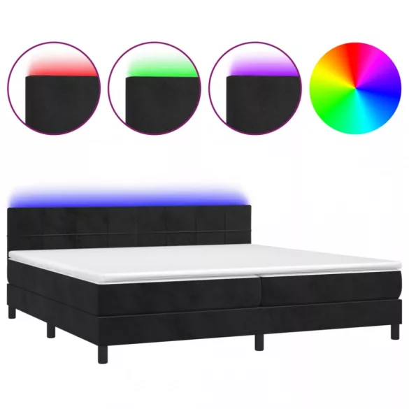 fekete bársony rugós és LED-es ágy matraccal 200x200 cm