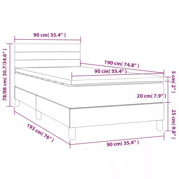 fekete bársony rugós és LED-es ágy matraccal 90x190 cm