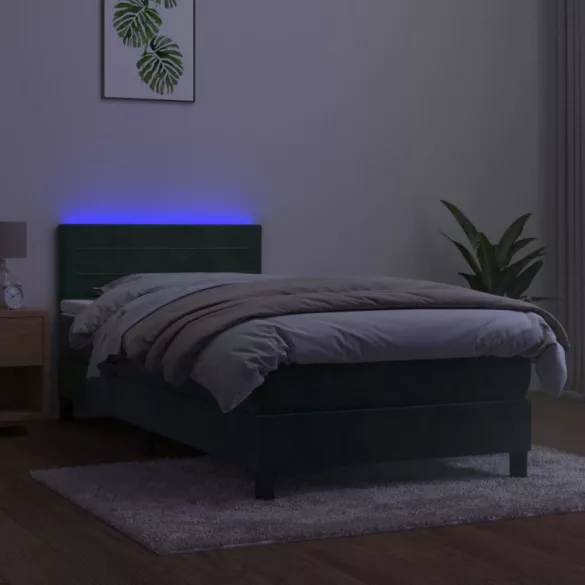 sötétzöld bársony rugós és LED-es ágy matraccal 90x190 cm