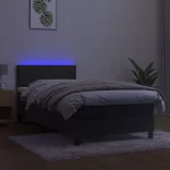 sötétszürke bársony rugós és LED-es ágy matraccal 90x200 cm