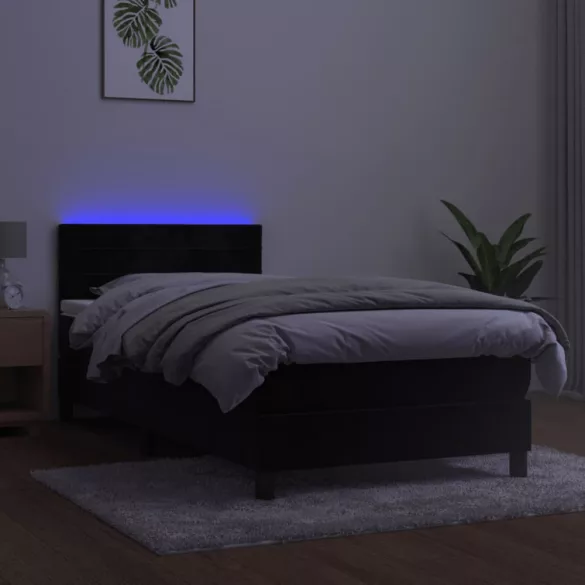 fekete bársony rugós és LED-es ágy matraccal 90x200 cm