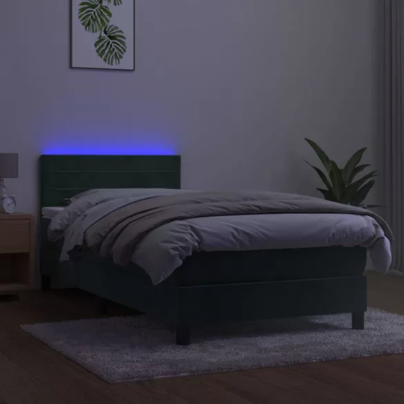 sötétzöld bársony rugós és LED-es ágy matraccal 100x200 cm