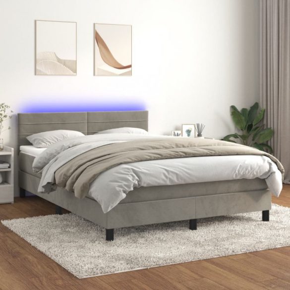 világosszürke bársony rugós és LED-es ágy matraccal 140x190 cm