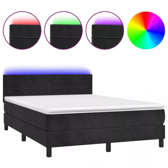 fekete bársony rugós és LED-es ágy matraccal 140x190 cm
