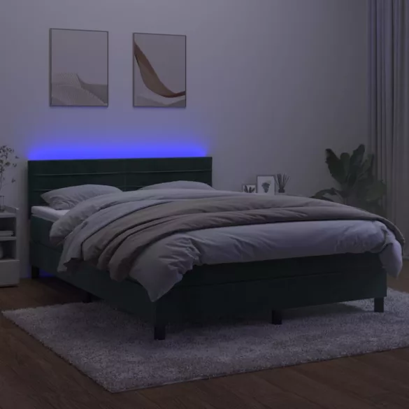 sötétzöld bársony rugós és LED-es ágy matraccal 140x190 cm