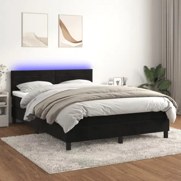 fekete bársony rugós és LED-es ágy matraccal 140x200 cm