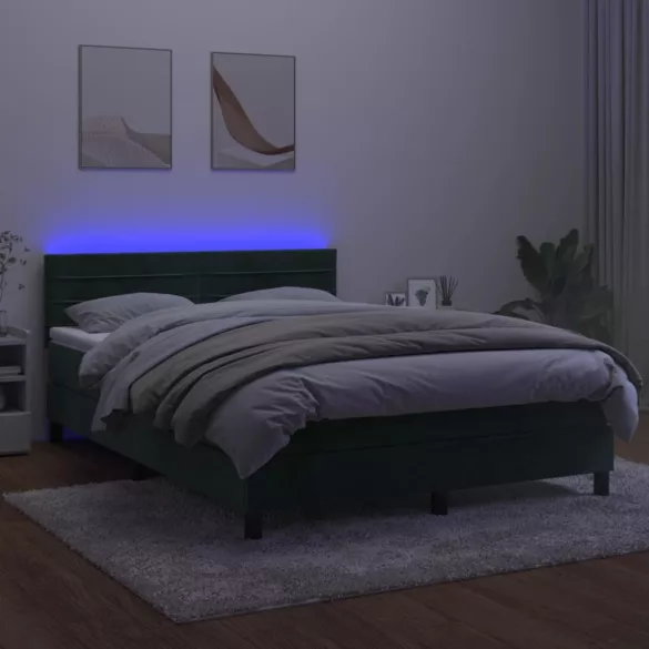 sötétzöld bársony rugós és LED-es ágy matraccal 140x200 cm