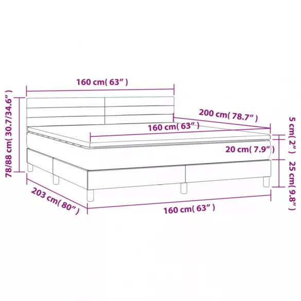 sötétszürke bársony rugós és LED-es ágy matraccal 160x200 cm