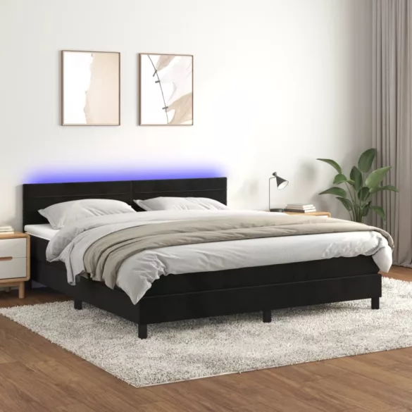 fekete bársony rugós és LED-es ágy matraccal 160x200 cm