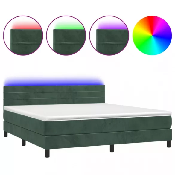 sötétzöld bársony rugós és LED-es ágy matraccal 160x200 cm