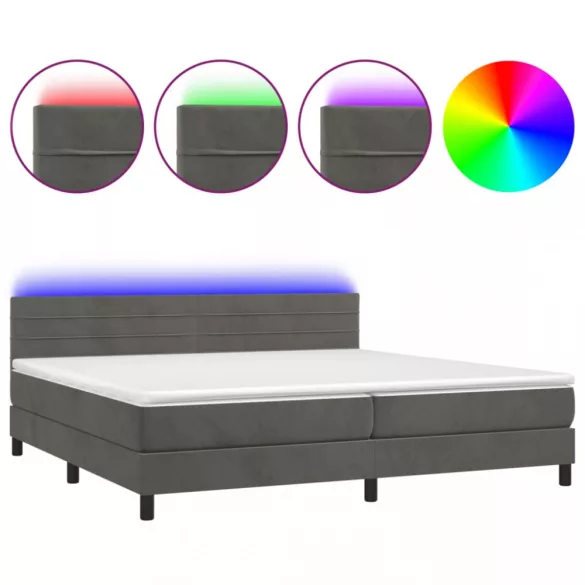 sötétszürke bársony rugós és LED-es ágy matraccal 200x200 cm