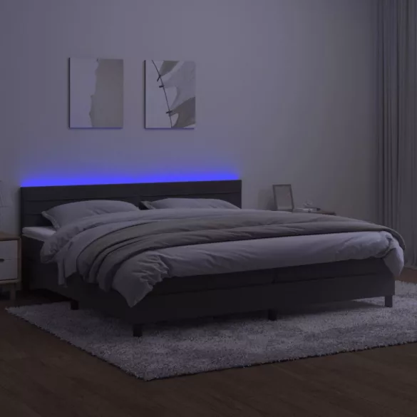 sötétszürke bársony rugós és LED-es ágy matraccal 200x200 cm