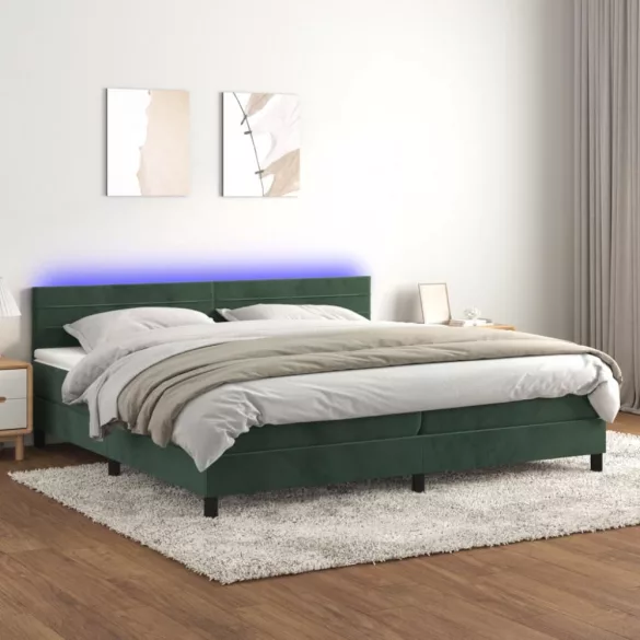 sötétzöld bársony rugós és LED-es ágy matraccal 200x200 cm