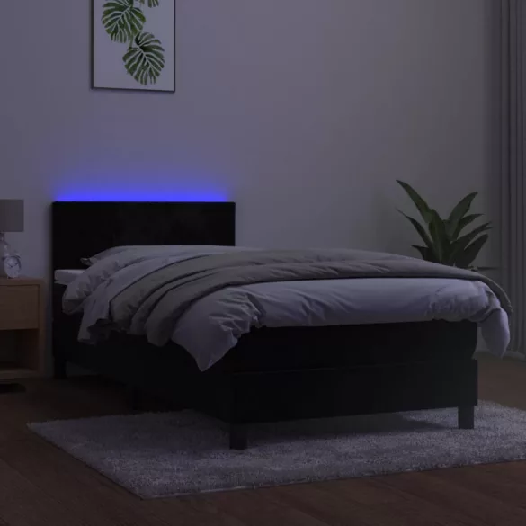 fekete bársony rugós és LED-es ágy matraccal 90x200 cm