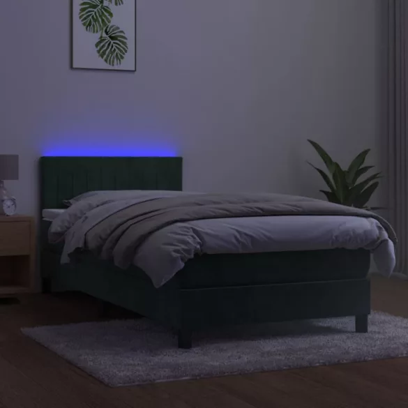 sötétzöld bársony rugós és LED-es ágy matraccal 90x200 cm