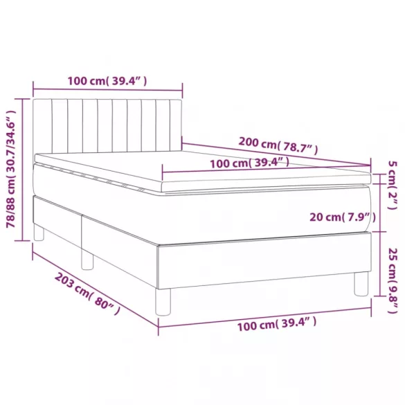 fekete bársony rugós és LED-es ágy matraccal 100x200 cm