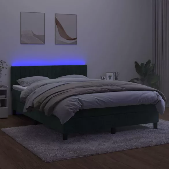 sötétzöld bársony rugós és LED-es ágy matraccal 140x190 cm