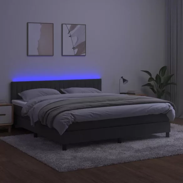 sötétszürke bársony rugós és LED-es ágy matraccal 180x200 cm