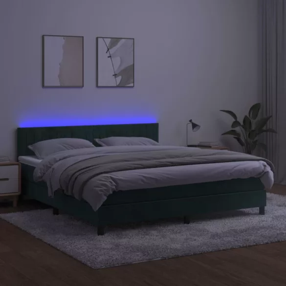 sötétzöld bársony rugós és LED-es ágy matraccal 180x200 cm