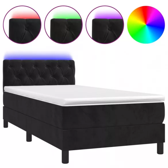 fekete bársony rugós és LED-es ágy matraccal 80 x 200 cm