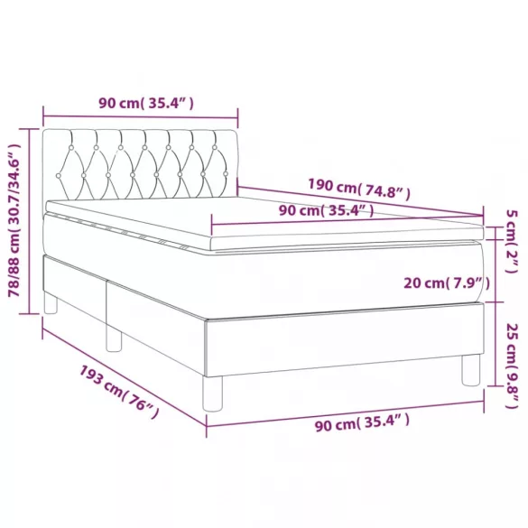 fekete bársony rugós és LED-es ágy matraccal 90x190 cm
