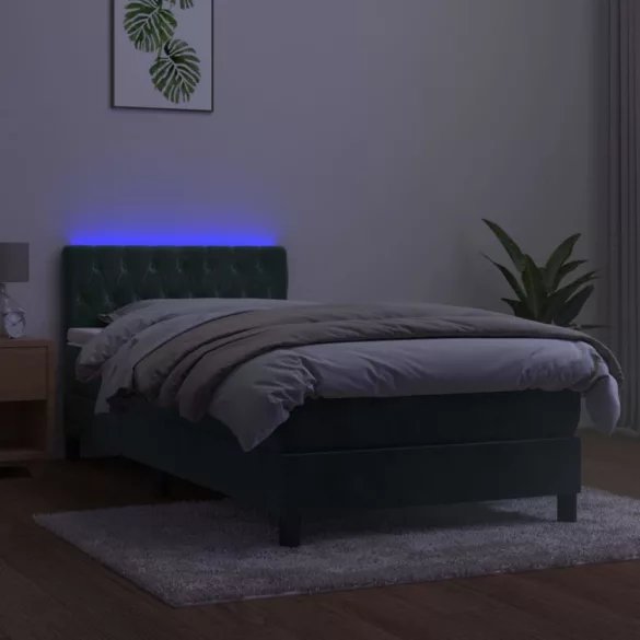 sötétzöld bársony rugós és LED-es ágy matraccal 90x190 cm