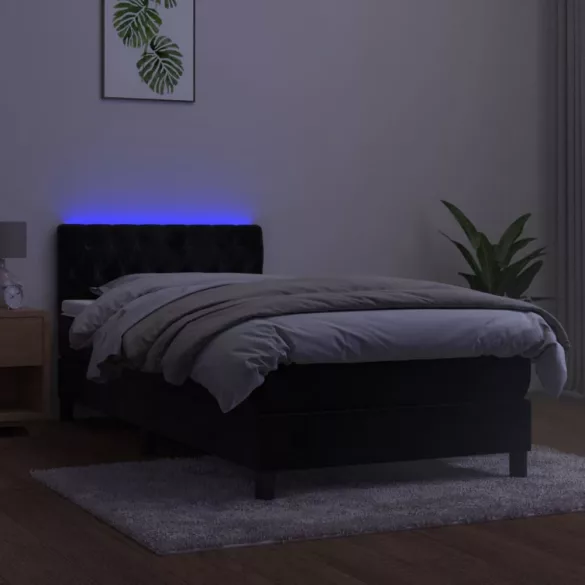 fekete bársony rugós és LED-es ágy matraccal 90x200 cm