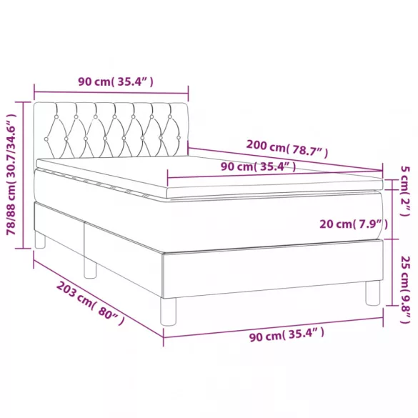 fekete bársony rugós és LED-es ágy matraccal 90x200 cm