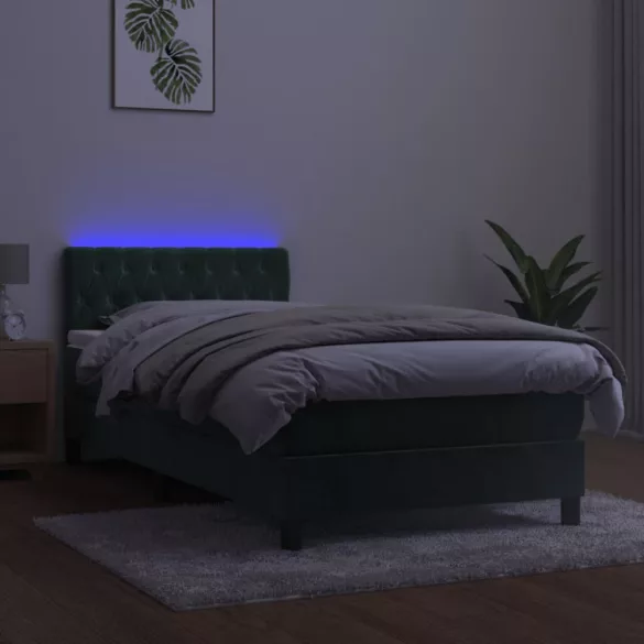 sötétzöld bársony rugós és LED-es ágy matraccal 90x200 cm