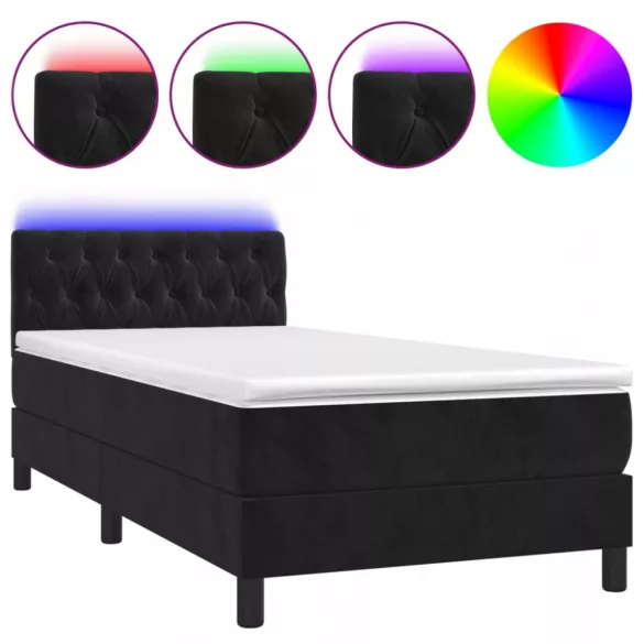 fekete bársony rugós és LED-es ágy matraccal 100x200 cm