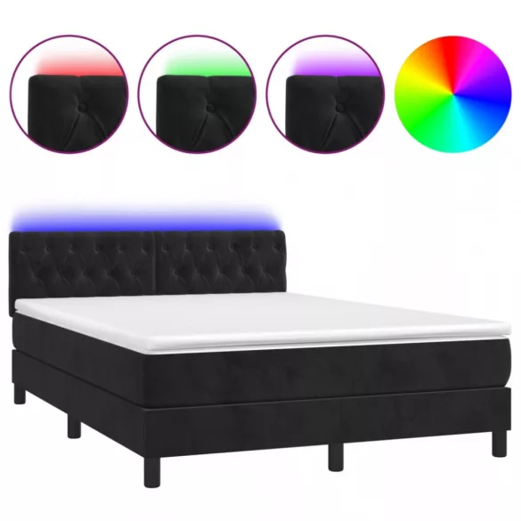 fekete bársony rugós és LED-es ágy matraccal 140x190 cm