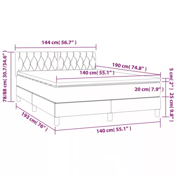 fekete bársony rugós és LED-es ágy matraccal 140x190 cm