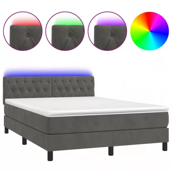 sötétszürke bársony rugós és LED-es ágy matraccal 140x200 cm