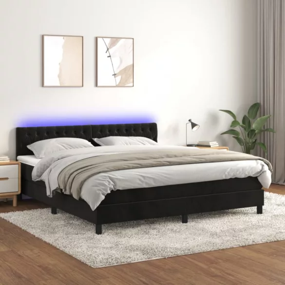 fekete bársony rugós és LED-es ágy matraccal 160x200 cm