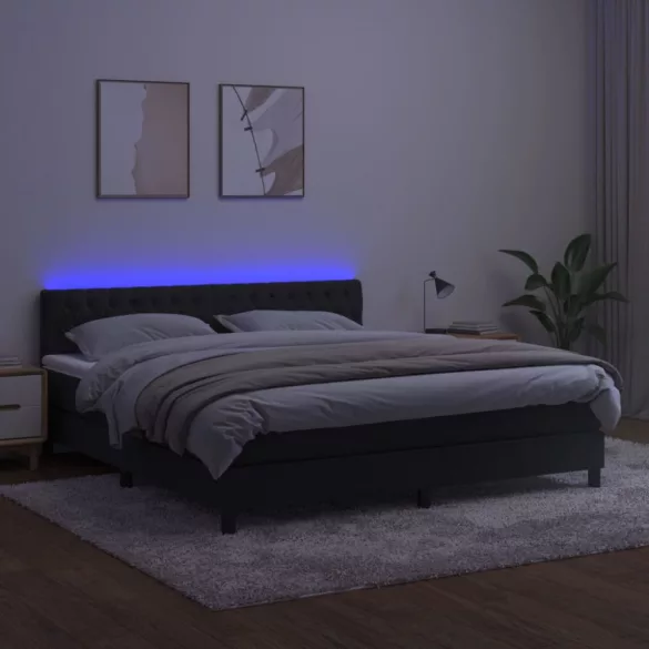 fekete bársony rugós és LED-es ágy matraccal 160x200 cm