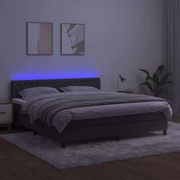 sötétszürke bársony rugós és LED-es ágy matraccal 180x200 cm