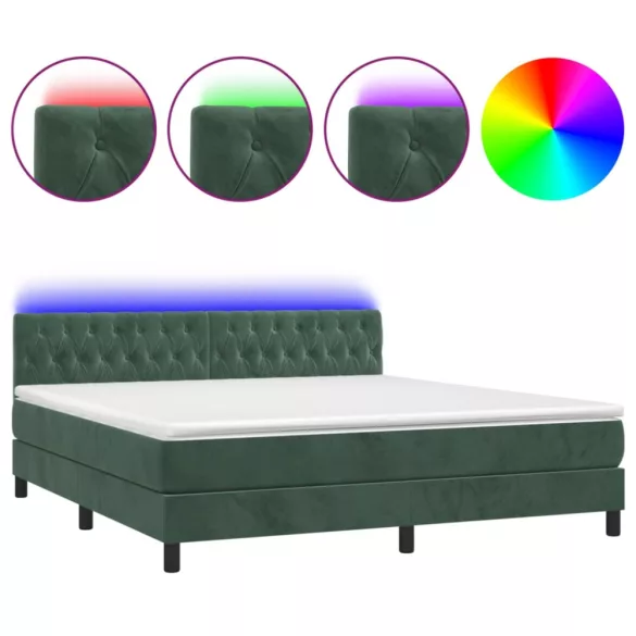 sötétzöld bársony rugós és LED-es ágy matraccal 180x200 cm