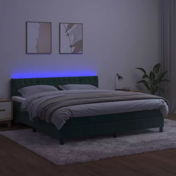 sötétzöld bársony rugós és LED-es ágy matraccal 180x200 cm