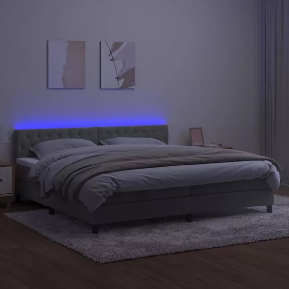 világosszürke bársony rugós és LED-es ágy matraccal 200x200 cm