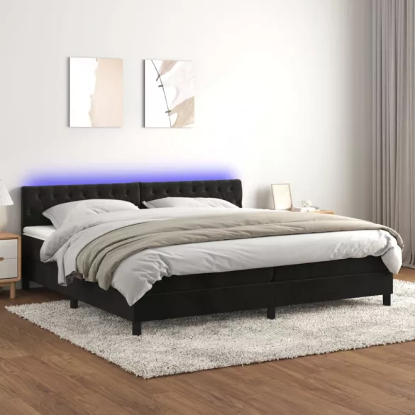 fekete bársony rugós és LED-es ágy matraccal 200x200 cm