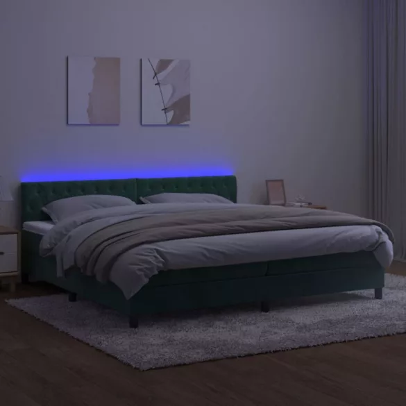sötétzöld bársony rugós és LED-es ágy matraccal 200x200 cm
