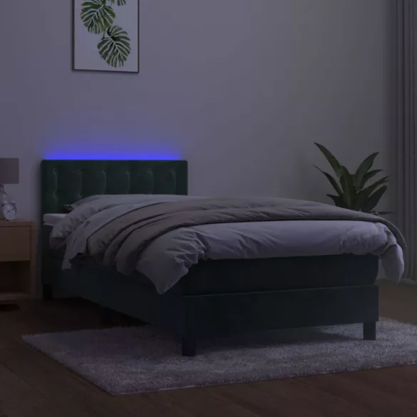 sötétzöld bársony rugós és LED-es ágy matraccal 80 x 200 cm